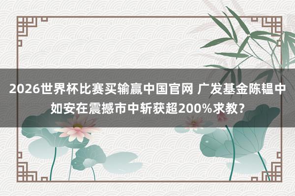 2026世界杯比赛买输赢中国官网 广发基金陈韫中如安在震撼市中斩获超200%求教？